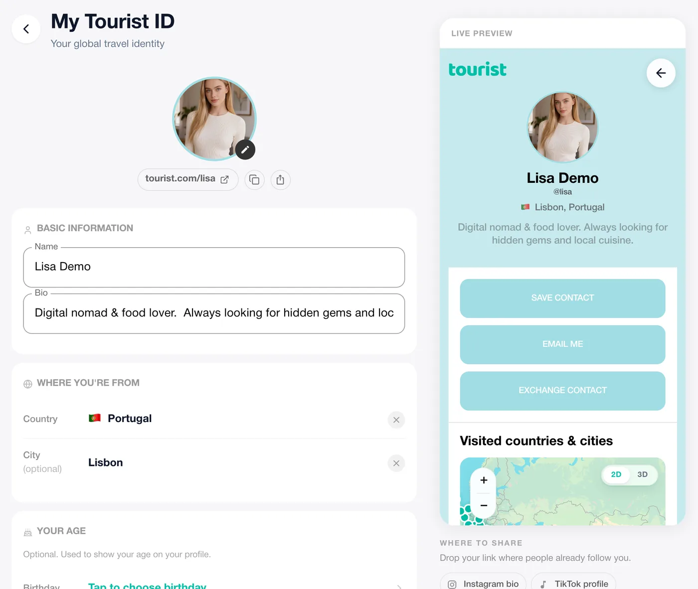 The Tourist ID editor on tourist.com with a live preview of the public page